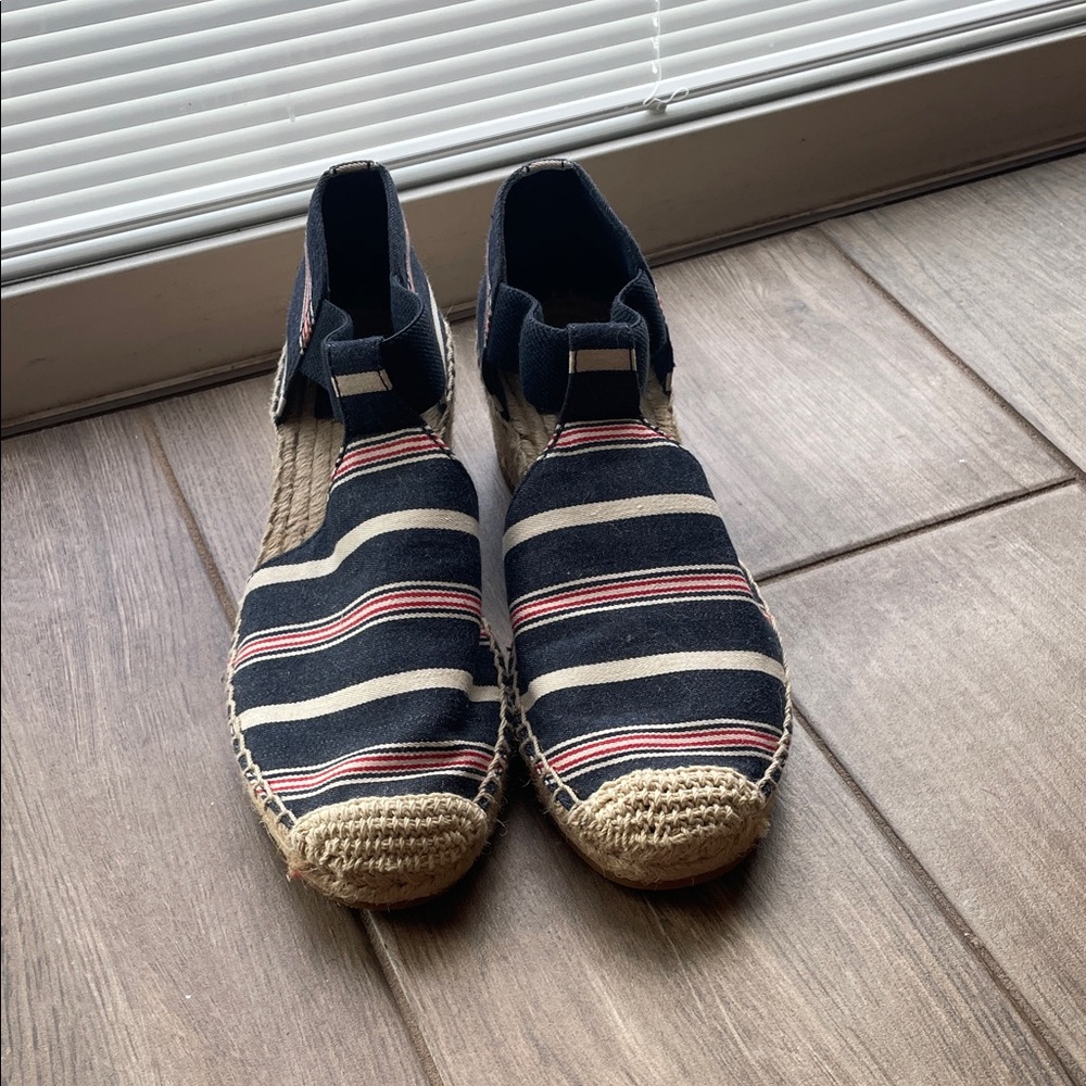 Tory Burch Navy and Red Striped Wedges